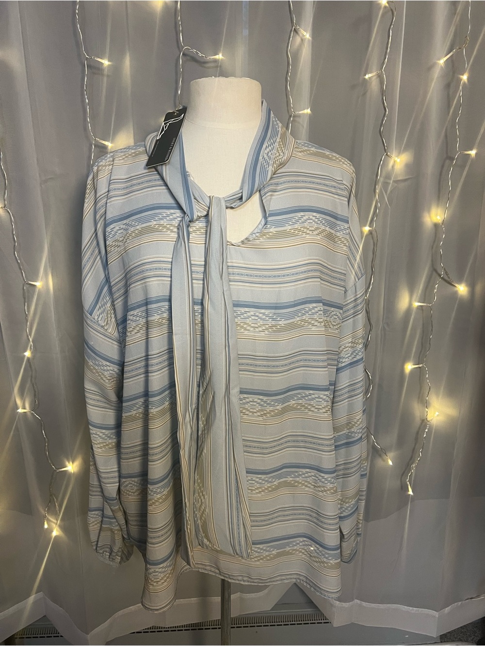 Lucky & Blessed Light Blue & Cream Striped Tie-Neck Blouse 3X